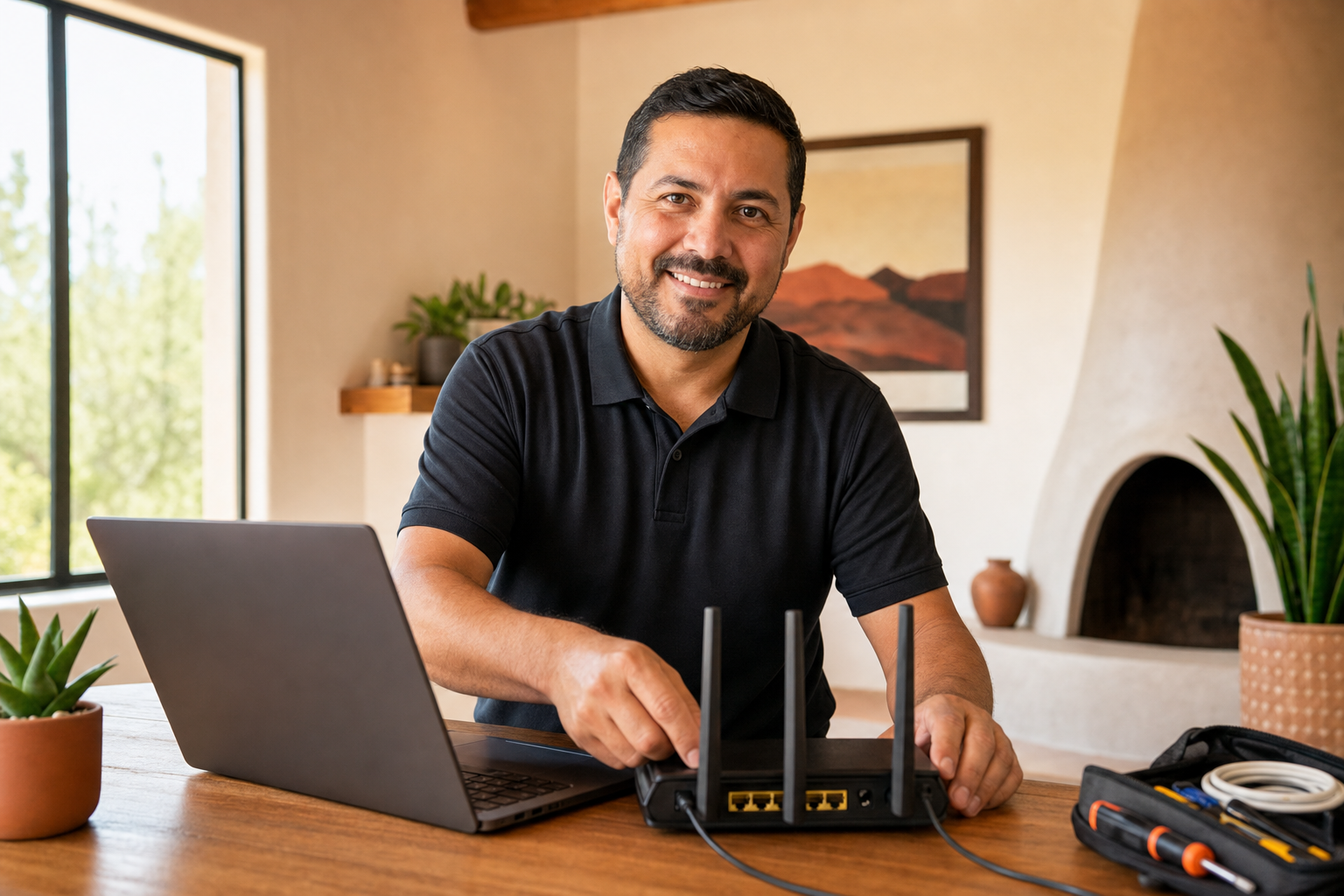 Friendly Desert Peak technician setting up a home network